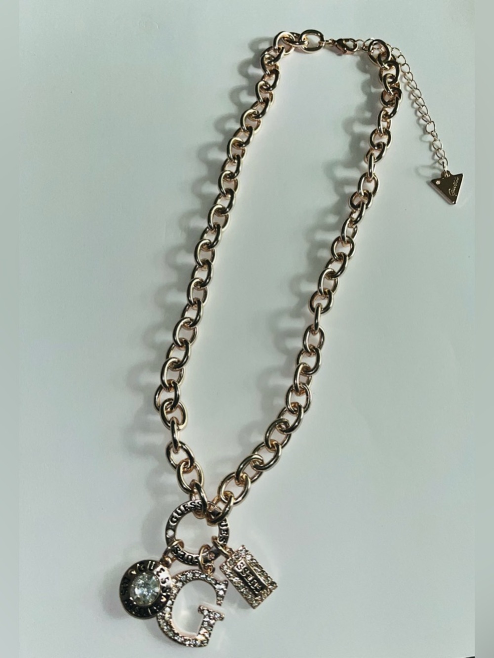 GUESS Silver Crystal Charm Link Necklace